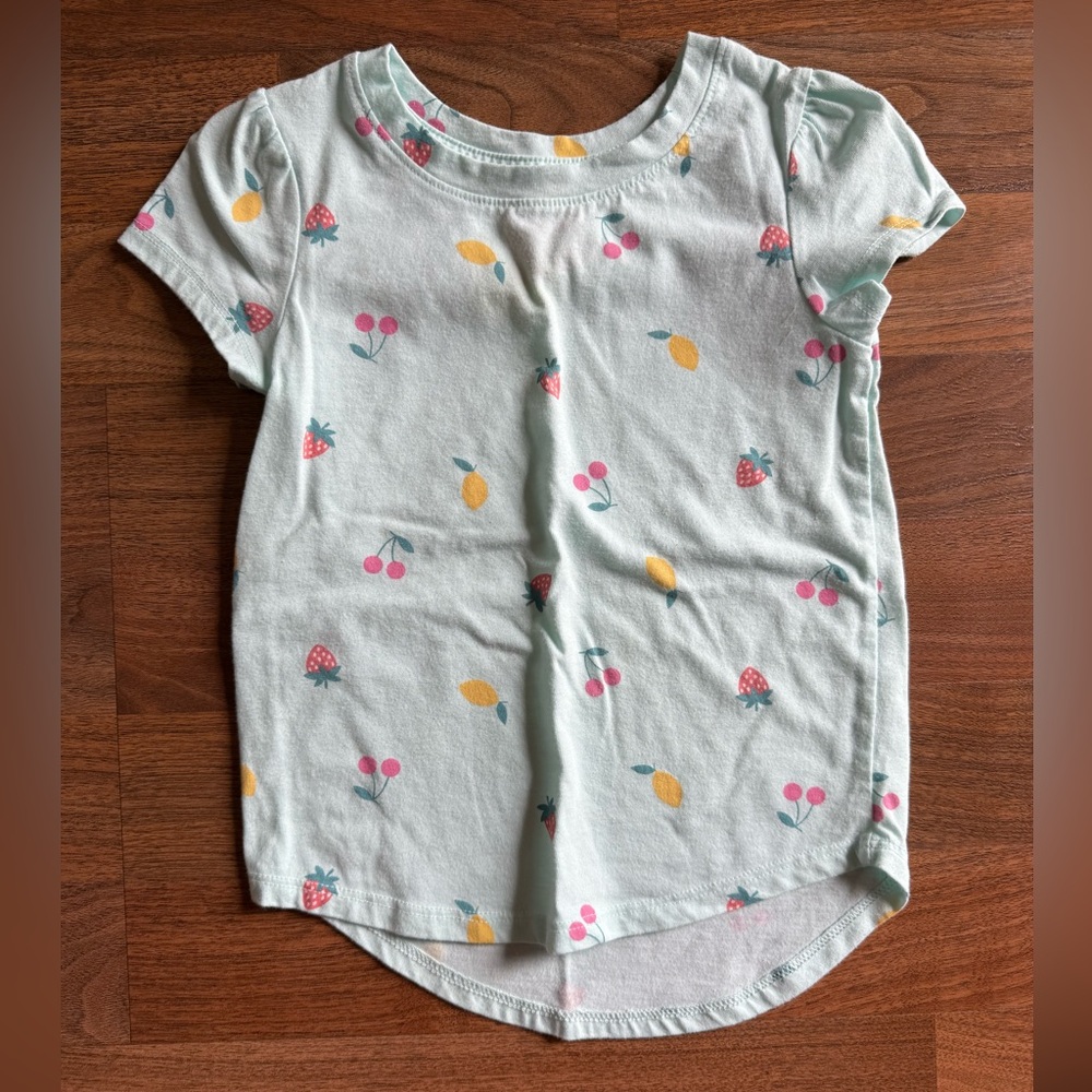 🌼5/$10🌼Cat & Jack Light Teal Shirt with Colorful Fruit design 4t